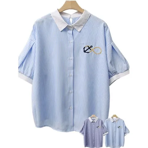 [하얀비]루즈핏 스트라이프 자수반팔셔츠/남방/퍼프 여름블라우스/백화점여성의류/