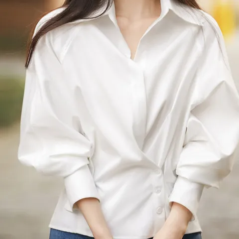 [오아즈] 넥카라 여성 랩스타일 긴팔 셔츠 2color