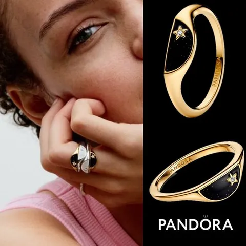 판도라 163325C01 ME Halved 에나멜 인장 14K 도금 반지