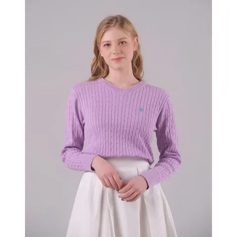 [U.S. POLO ASSN.] 코튼100 봄 케이블 브이넥니트 여성