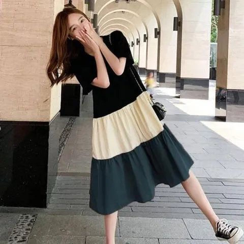 [라일리의류] Rly 배색 여름 원피스 휴양지 바캉스 여성 반팔 롱 원피스