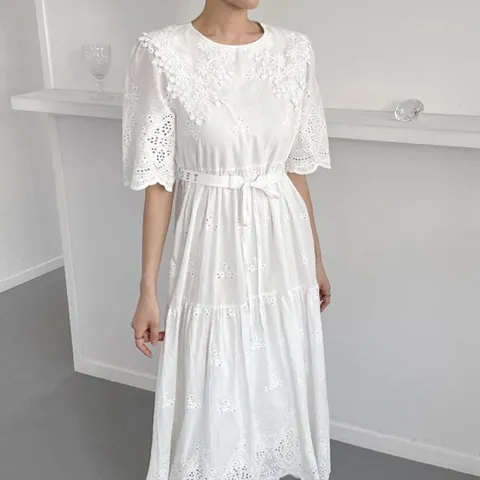 [미라클세븐][M7] 여자 혁대 꽃무늬 카라넥 레이스 펀칭 원피스