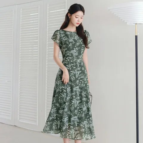 [시크라인] 두런드 튤립 슬릿 플로랄 쉬폰 플레어 원피스