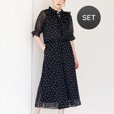 [더핸드메이드][세트] 프린트 쉬폰 블라우스 + 팬츠 셋업