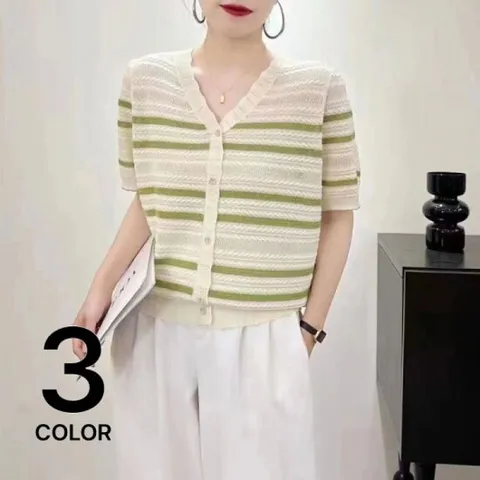 웬디 / 얇은 브이넥 줄무늬 반팔 니트 NT13343/ 3컬러