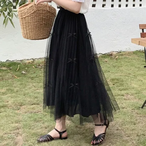 ~77 여성 사계절 샬롯 쉬폰 리본 샤 스커트 슬림핏 롱 밴딩치마