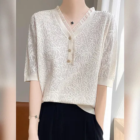 [이쁘다] 샤즈 진주 프릴 반팔 니트