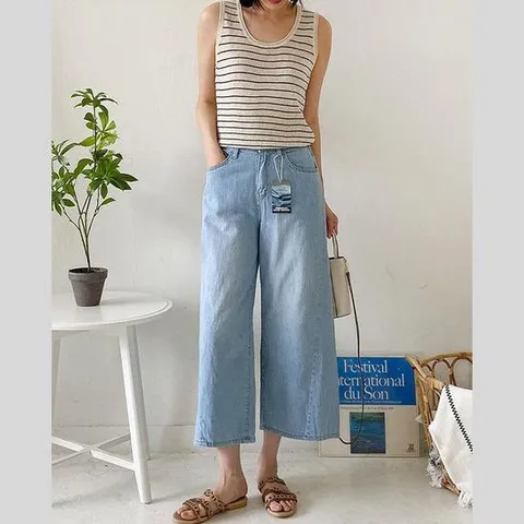 워싱 청 여름 와이드핏 통바지 9부 팬츠 바지 코디 룩