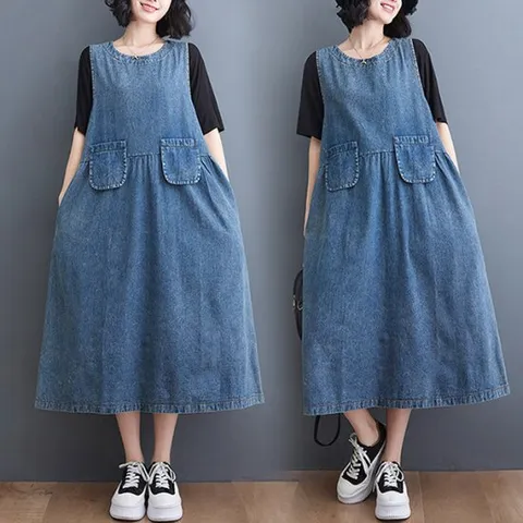 [이쁘다] 피포 민소매 데님 롱 원피스