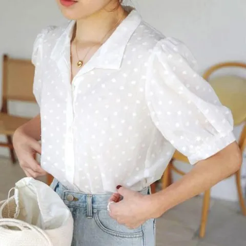 CWTB5243 퍼프소매 시스루 블라우스 반팔블라우스 프릴블라우스
