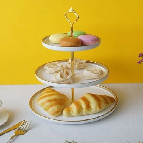 골드도금 도자기 3단 케이크스탠드 악세사리 플레이트