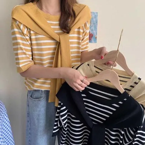 [라일리의류] Rly 봄여름 스트라이프 니트 티셔츠 숄세트 스타일리쉬