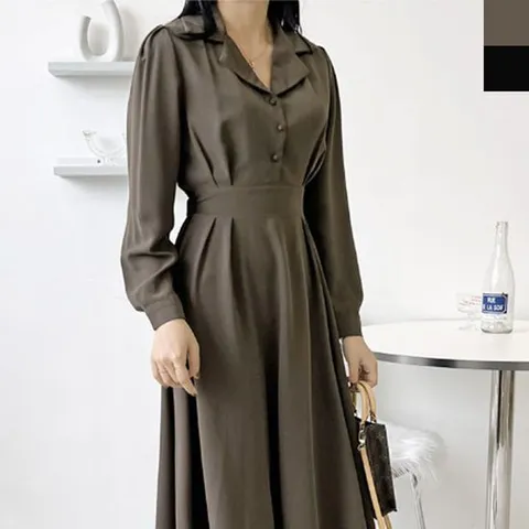 하객룩 핀턱 롱원피스 뒷밴딩 여성스러운 가을