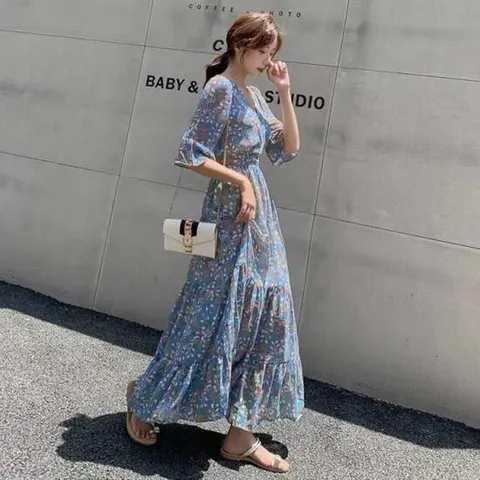 CONL1101 플라워 러플 5부 롱원피스 허리 밴딩 여름 원피스 바캉