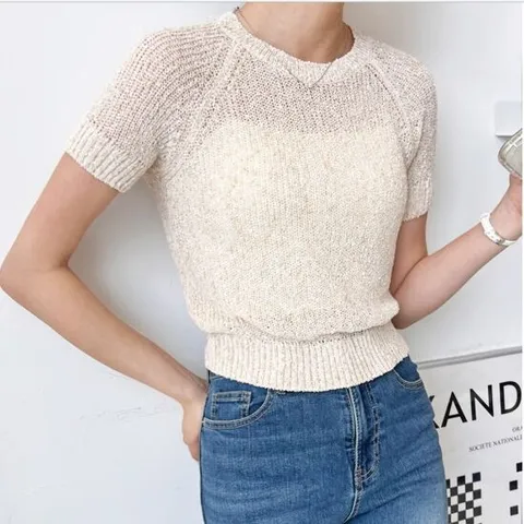 여자 썸머 팝콘 반팔 니트 여성 상의  크롭티