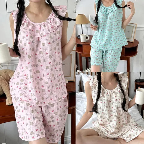 국산 여성 여름잠옷 나시 잠옷세트 면지지미 파자마세트