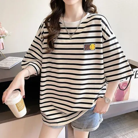 나바바 / NT1854 라벨 포인트 단가라 루즈핏 반팔 티셔츠