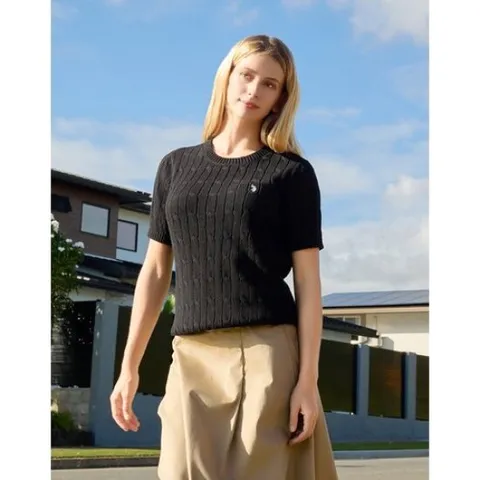 [U.S. POLO ASSN.]여성 블랙 린넨 블렌디드 라운드 니트