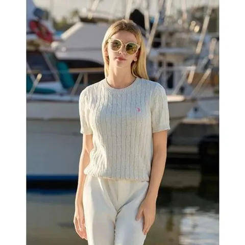 [U.S. POLO ASSN.]여성 오트밀 린넨 블렌디드 라운드 니트