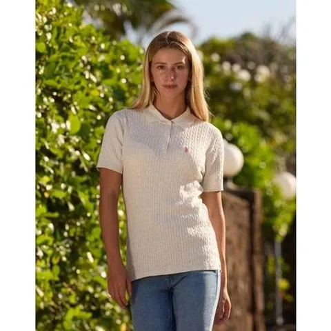 [U.S. POLO ASSN.]여성 오트밀 면혼방 반팔 카라니트