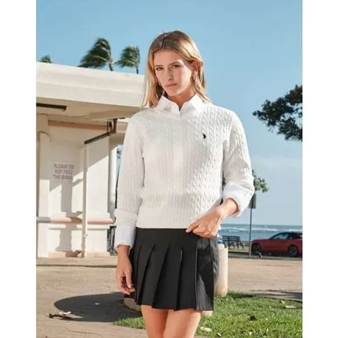 [U.S. POLO ASSN.]여성 크림 코튼 긴팔 케이블 브이넥니트