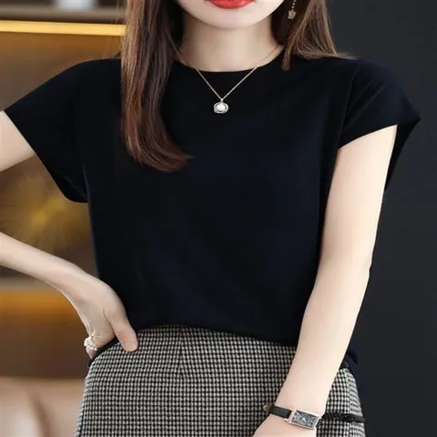 티셔츠 여름 여성 반팔티 니트 이너 얇은 라운드넥 봄