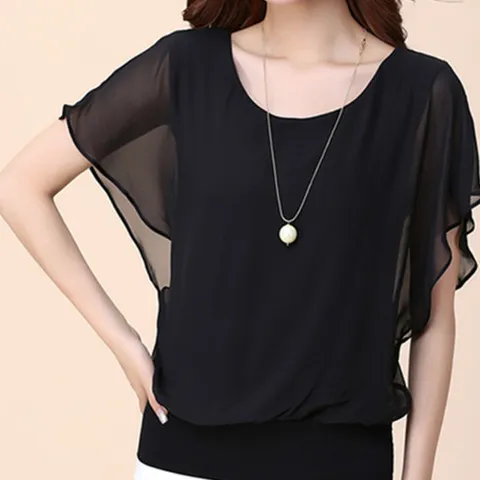 시스루 팔뚝커버 쉬폰 반팔 뮬리블리 여름 블라우스