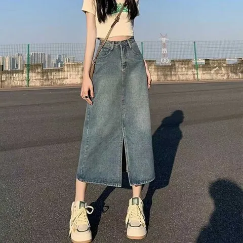밑단 트임 데님 에이라인 롱 스커트 청치마