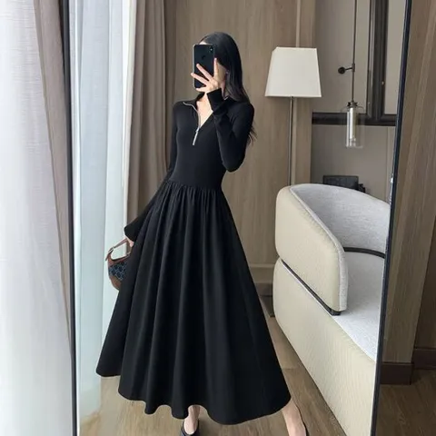 여성 올블랙 A라인 롱원피스 데이트룩 날씬해보이는