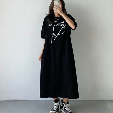 여성 반팔원피스 페이스 프린팅 라운드 트임