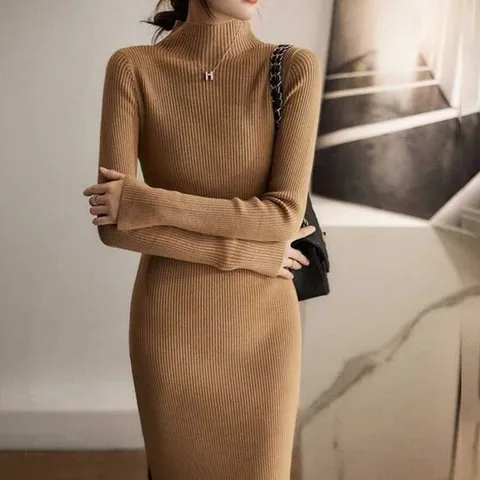 골지 니트 소재 목폴라 슬림 일자핏 롱 원피스