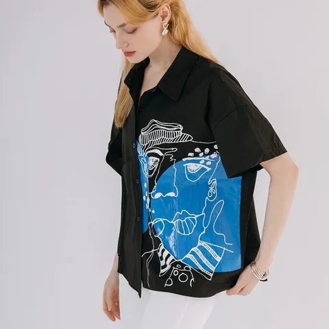 [막스까르띠지오]블루 페인팅 언발 반팔 셔츠