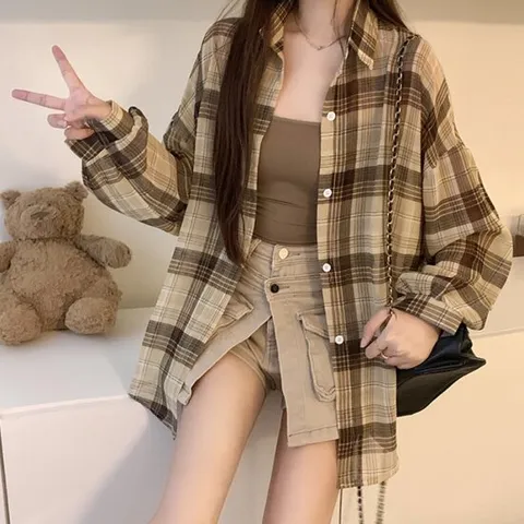 [페리엠]체크 셔츠 여름긴팔 루즈핏 살안타 베이즈여름셔츠