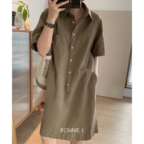 [보니제이] 셔츠 카라넥 단추 린넨 반소매 반팔 미디 원피스