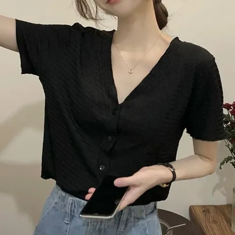 여자 여름 반팔 블라우스 여성 브이넥  블랙