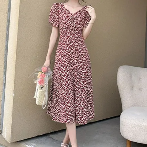 여자 봄여름 외출 빨간색 얇은 반팔 롱원피스