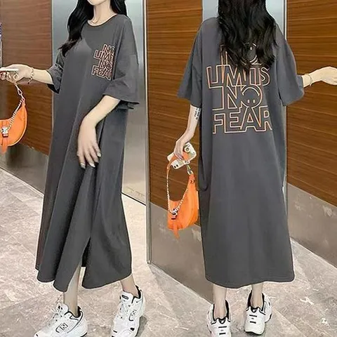슬립 박시 캐주얼 여름 루즈핏 레터링 반팔 롱원피스