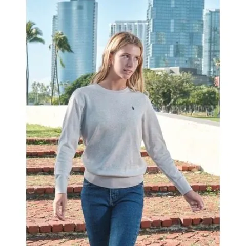 [U.S. POLO ASSN.]여성 오트밀 코튼 봄 플레인 라운드니트