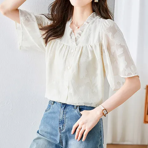 [에이시크] 프렌치 쉬폰 반팔 블라우스 C24BBL295