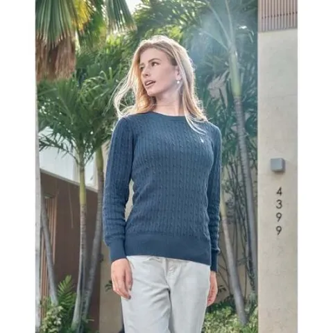 [U.S. POLO ASSN.]여성 네이비 코튼 긴팔 케이블 라운드니트