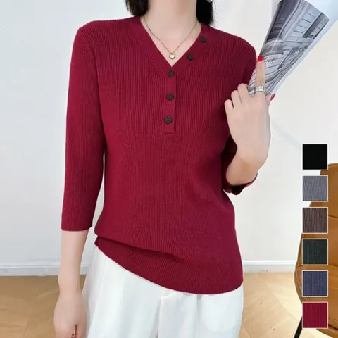 [이쁘다] 버튼 브이넥 골지 7부 니트
