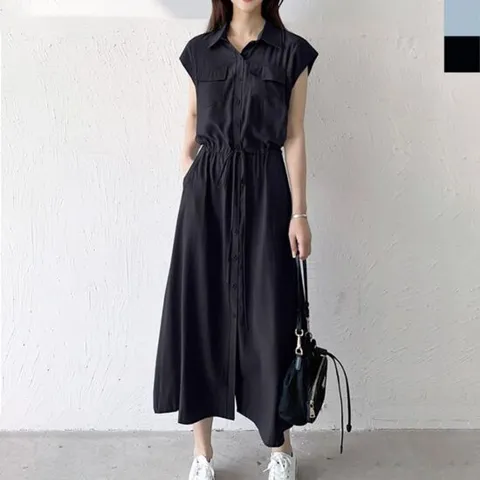 여성 카라 민소매 롱원피스 1P 오픈 단추 로브 드레스