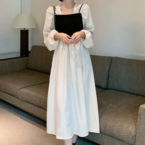 화이트 봄 여름 격식 소개팅룩 산뜻한 긴팔 롱원피스
