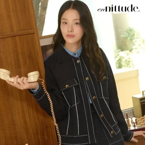 엔니튜드 울 블렌드 데님라이크 니트재킷