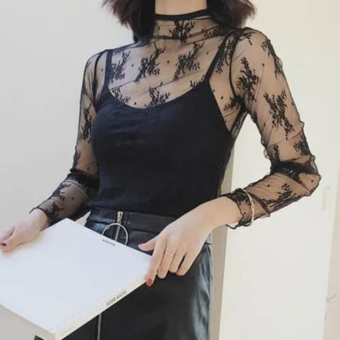 넥라인 소매 물결 라인 플라워 패턴 시스루 블라우스