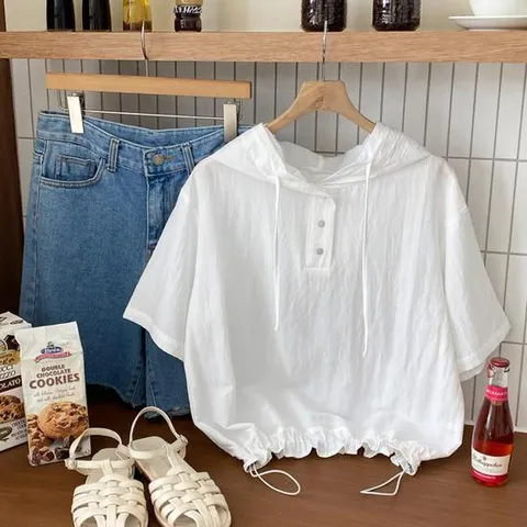 던에지 단추 스트링 플레인 후디 티셔츠 숏슬리브 여성 밑단