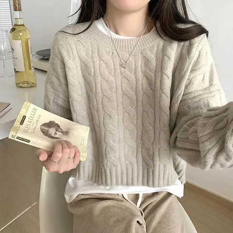 [어썸] C5/다미 케이블 라운드크롭 긴팔 니트_263242