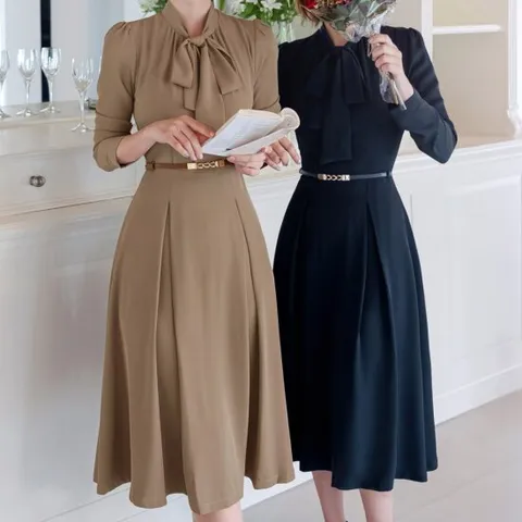 [시크라인] 엘로웬 리본넥 벨티드 맞주름 플레어 원피스