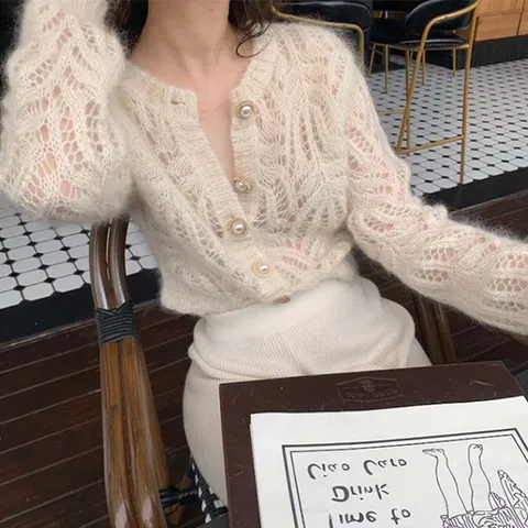 [아리엘스타일]섬세한 레이스니트 쥬엘딘니트가디건