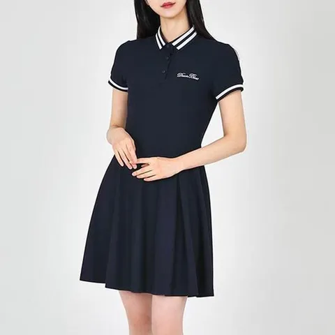 카라 소매 화이트 라인 포인트 골프 플레어 원피스